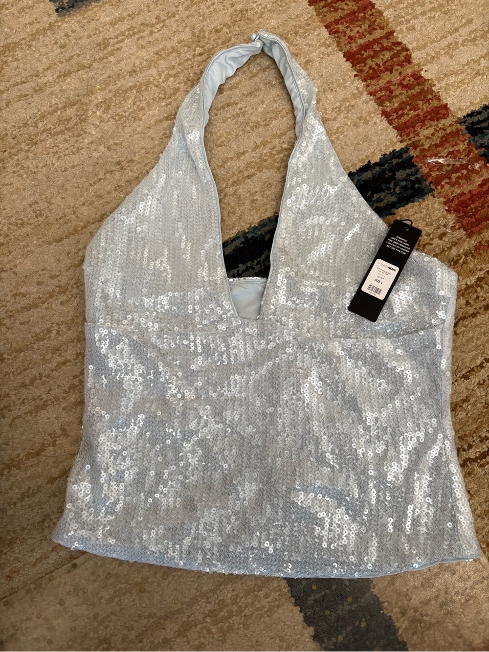 Fashion Nova Silver Sequin Halter V-Neck Top
